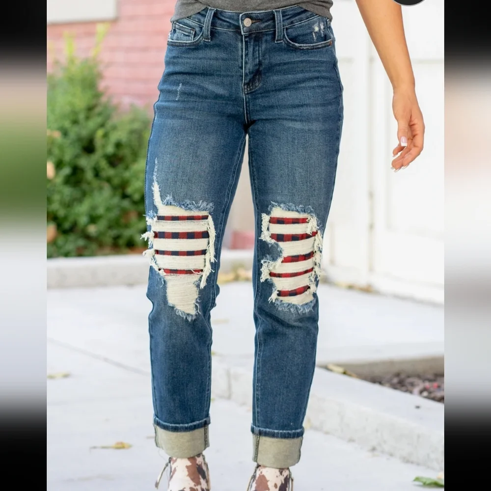 🥳 Sale Judy Blue Buffalo Plaid Patch midrise Navy Red Americana
